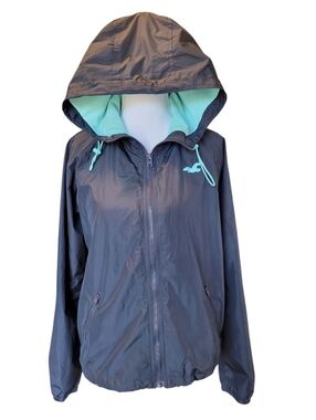 Hollister Navy Blue With Soft Teal Lining Lightweight Zip Up Jacket